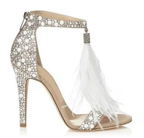 Top Sprzedaż Kryształ Zwiastowany Białe Wysokie Obcasy Sandały Z Piór Fringe Rhinestone Sandały Buty Ślubne Bridal Kobiety Pompy