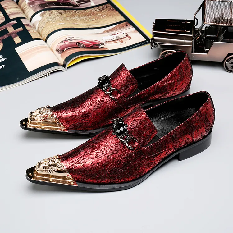 Chaussures Oxford faites à la main pour hommes, édition limitée, vin rouge, cuir véritable, bout pointu en métal doré, chaussures de fête/mariage pour hommes avec tassal, 38-46