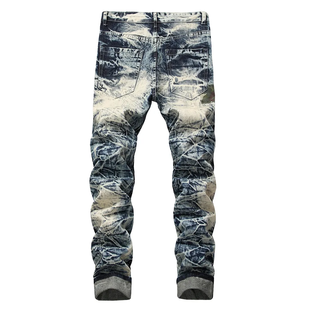 Idopy Fashion Mens rakt fit jeans vintage tvättade camo lapptäcke denim byxor hip hop rippade jean byxor för men219w