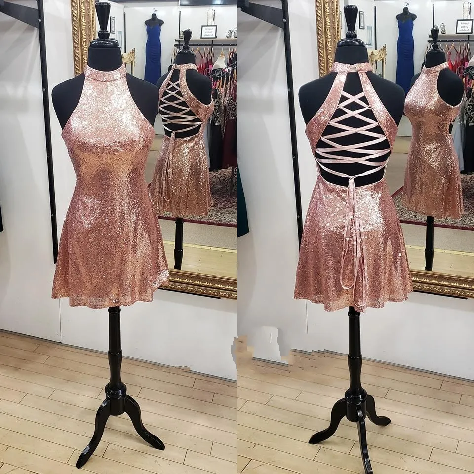 Rose Gold Hoco pink sparkly homecoming Dress with Sparkling Sequins and High Neckline - 2018 Prom Party Dance Dress (Real Pictures)