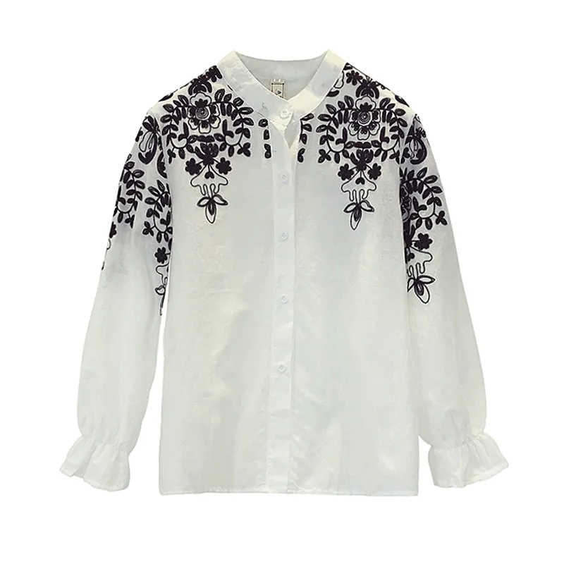 Blusa bordada, camisa de algodón y lino, blusas para mujer, Camisas femeninas, Tops bordados en blanco y negro, ropa femenina de moda de verano