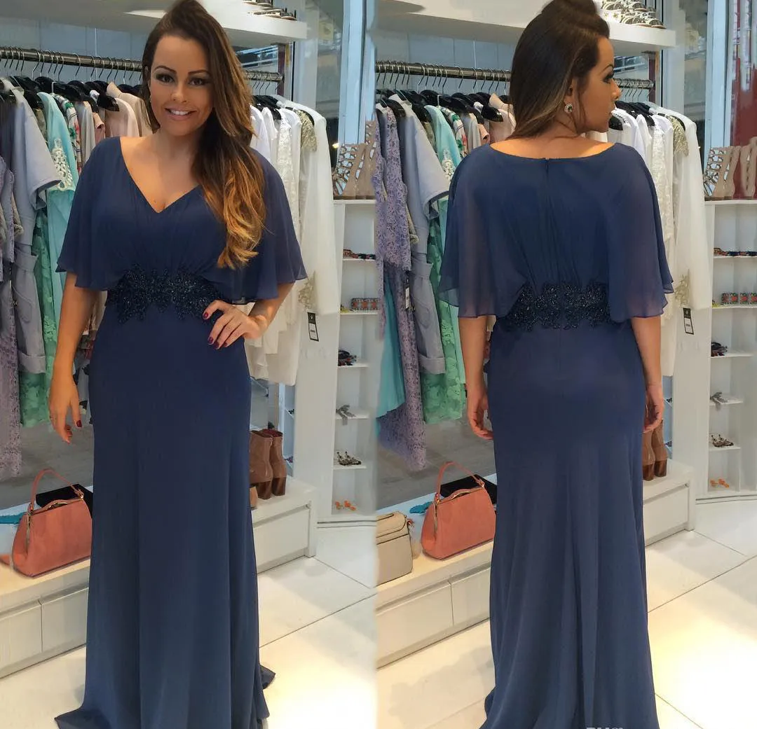 Azul Marino Vestidos Para La Madre De La Novia Cuello En V Manga