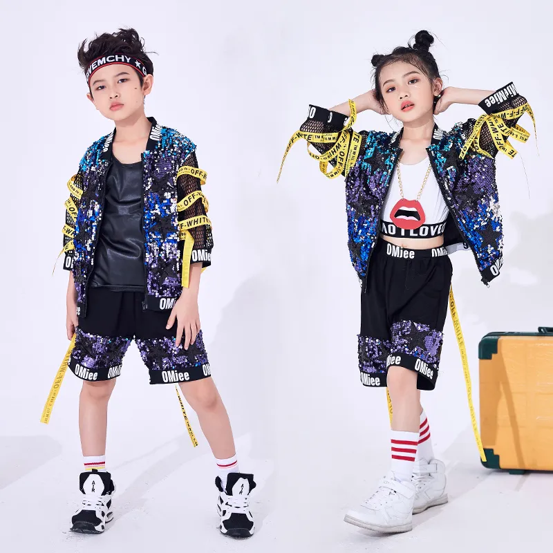 Crianças menina menino hip hop traje lantejoulas glitter jazz rua dança traje beisebol roupa casaco shorts para crianças dl2464