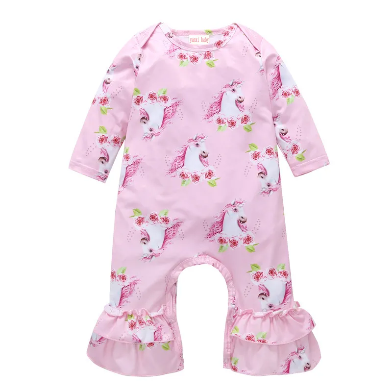 2018 Nuovi vestiti per bambini Manica lunga Rosa Floreale Unicorno Pagliaccetto Dolce Neonate Tuta Infantile Bambina Primavera Autunno Abiti monopezzo