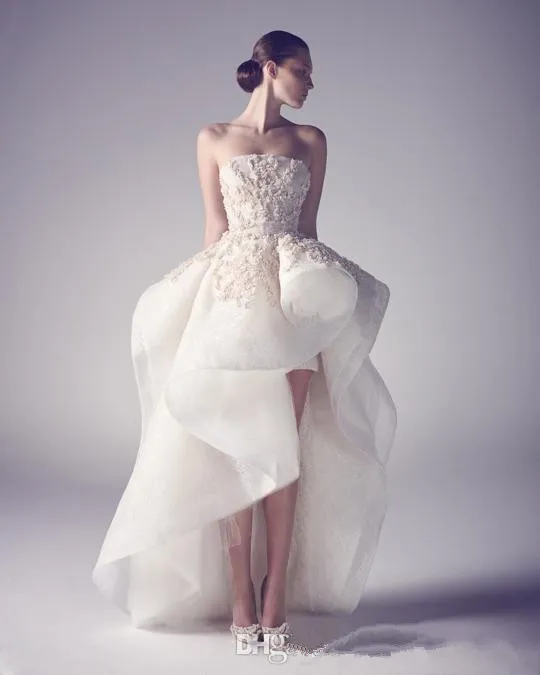 Krikor Jabotian High Low Low Beach Holiday Wedding Dresses Custom Make Strapless Lace Floral Ruffles kjol Bridal Reception Wedding Dress