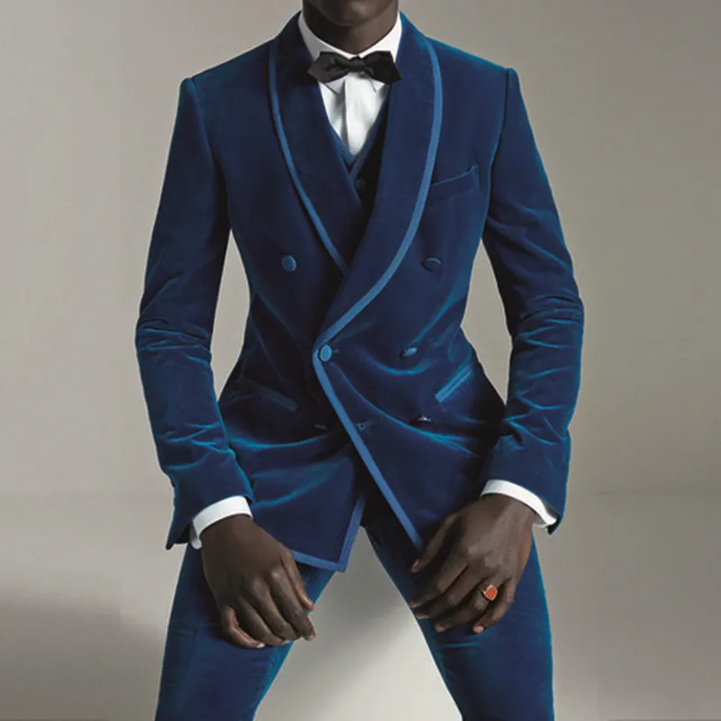 Último abrigo diseños de pantalones de pantalones azules de terciopelo azul con traje de doble pecho delgado de 3 piezas TUXEDO PERSONALIZADA PROGRAMA DE PRIGOS PERSONAS MEJER