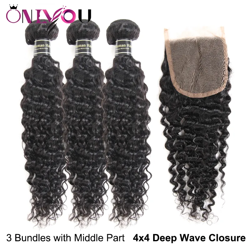 Big Promotion Deep Wave Human Hair Weave Bundles with Closure Brazilian Deep Curly Virgin Hair and Lace Closure Wet and Wavy Hair Extensions