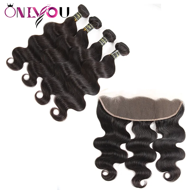 Brazilian Virgin 4 Bundles Straight Body Wave Deep Kinky Curly Human Hair Weave 4 Bundles with Closure 13x4 Lace Frontal Ear to Ear