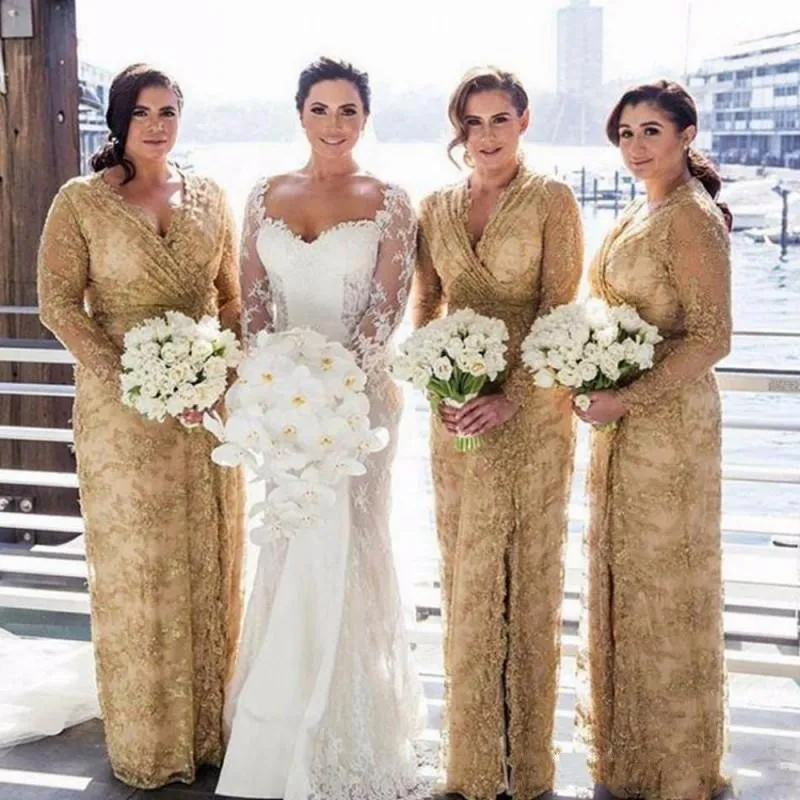 2018 barato quente vestidos de dama de honra v pescoço mangas compridas ouro apliques de renda completa lateral split beading ruched wedding convidado convidado de vestidos de honra