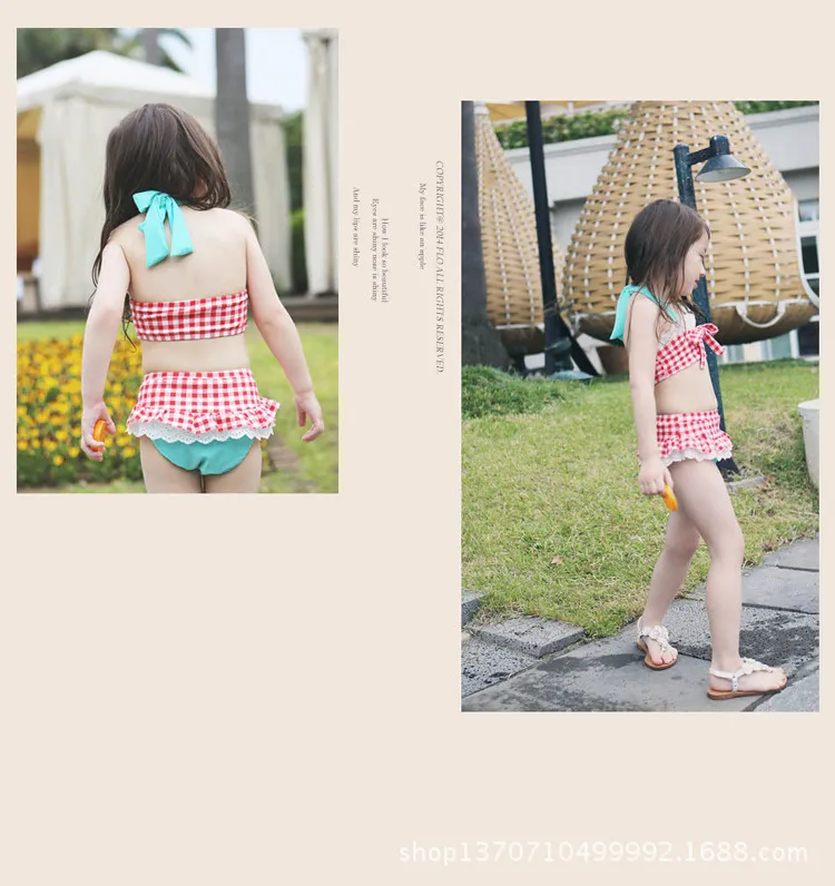 2018 Blue Red Plaid Sling Tops Ruffle Skirt Two-pieces Split Swimsuits Baby Girls Bating Suit Kids Ruffled Swimwear