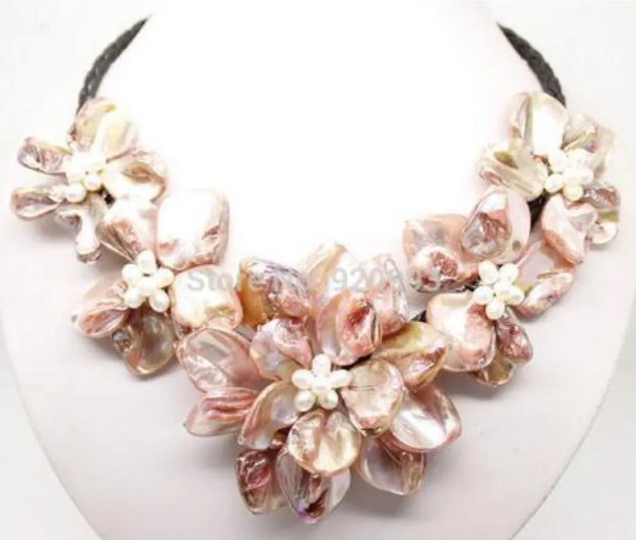 2 Rows 7-8mm Natural Pink Freshwater Cultured Pearl Beads Necklace 17-18