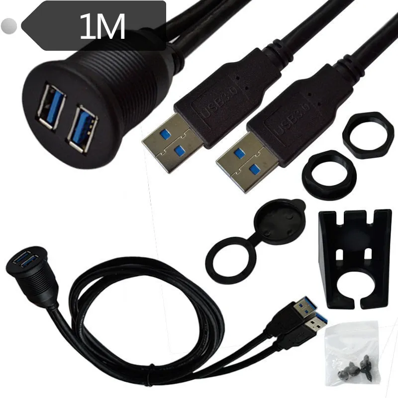 2 portar Dual USB 3.0 Extension Aux Flush Dashboard Bilmonterad förlängningskabel för biltruck båt motorcykel instrumentbräda 1m