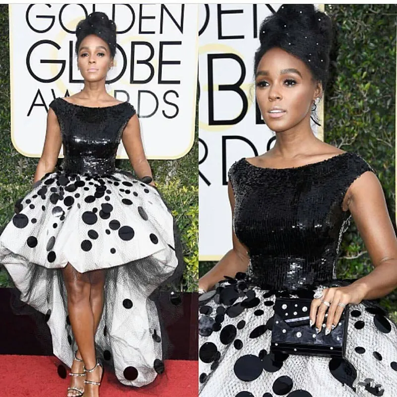 Sexy janelle monae vestidos de festa de celebridades vestido de baile preto e branco lantejoulas flores artesanais de tule 2018 novo globo de ouro vestidos de baile de formatura