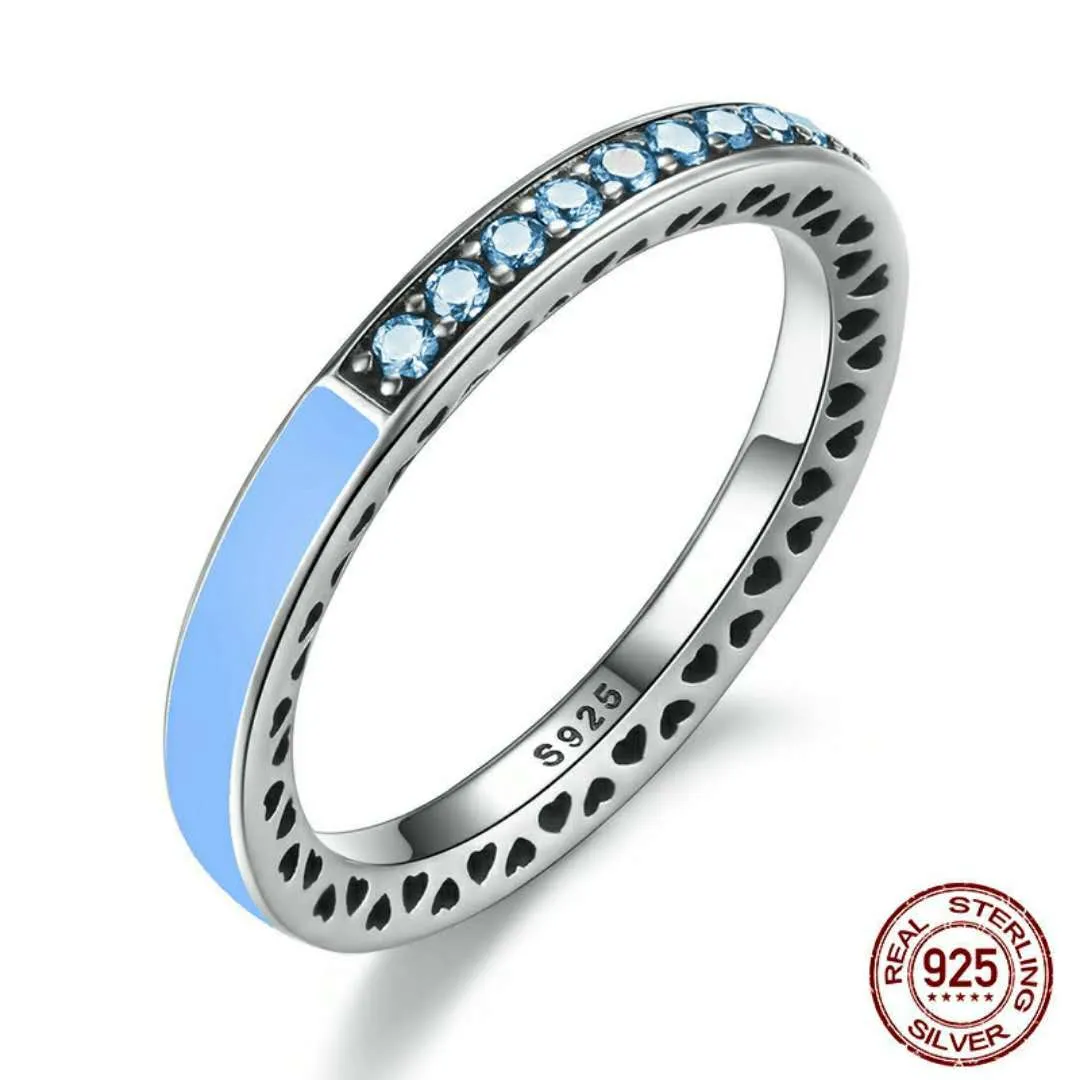 Autentyczne 925 Sterling Silver Pierścień dla Europejskiej Biżuteria Radiant Hearts Air Blue Emalia Niebo Niebieski Syntetyczny Spinel Kobiety Pierścień