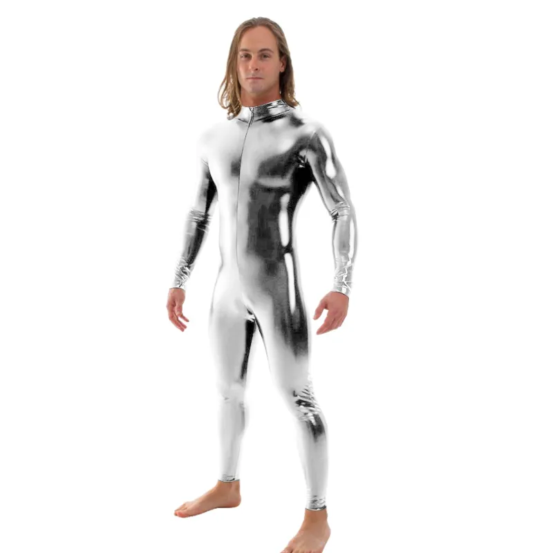 ENSNOVO MEN LATEX PUT Svart Shiny Metallic Tights Huvudlös Zentai Suit Full Body Unitard Custom Skin Bodysuit232r