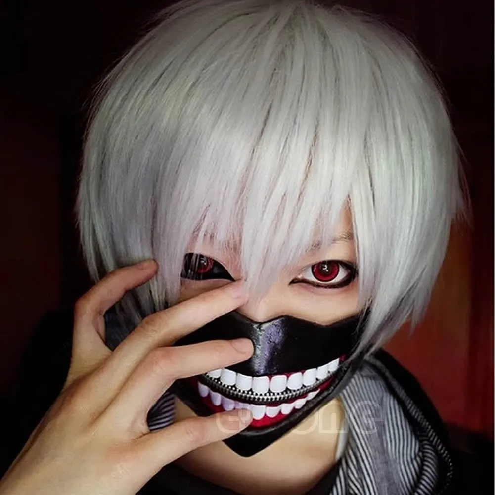 Tokyo Ghoul Perucas Kaneki Ken curto prata branco peruca Cosplay traje de cabelo em linha reta