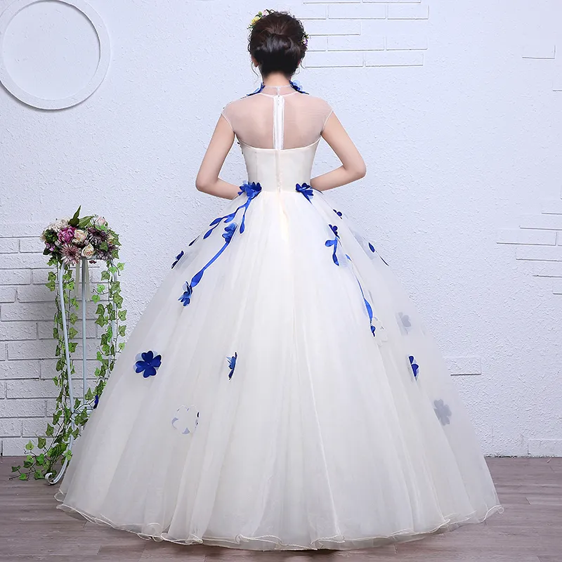 4 färg röd svart blå vintage hög nacke blommor bröllopsklänning 2018 ny koreansk stil prinsessa billig spetsboll vestidos de novia