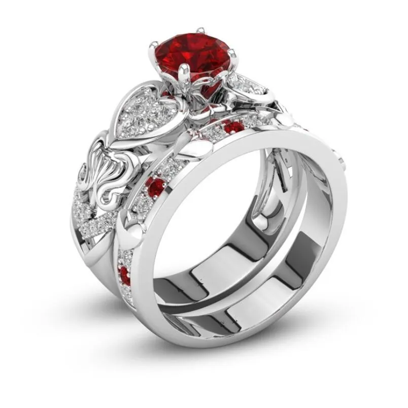 Hurtownie Darmowa Wysyłka Musing Luxury Biżuteria 925 Sterling Silver Red Ruby CZ Diamentowe Gemstones Kobiety Wedding Bridal Heart Ring Set Prezent