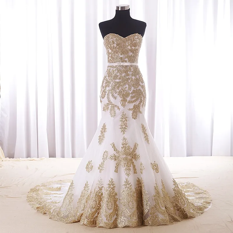 Sexy Meerjungfrau Weiß und Gold Hochzeitskleid billige echte Pos Schatz Kapelle Zug Applique Spitzenbrautkleid für Frauen Mädchen New4850300