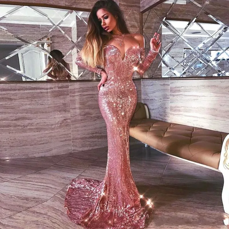 Rose Gold Sequined Mermaid Prom Dresses Off The Shoulder Sexy Lange Mouwen Avondjurk Lange Rits Terug Custom Made Cocktail Feestjurken