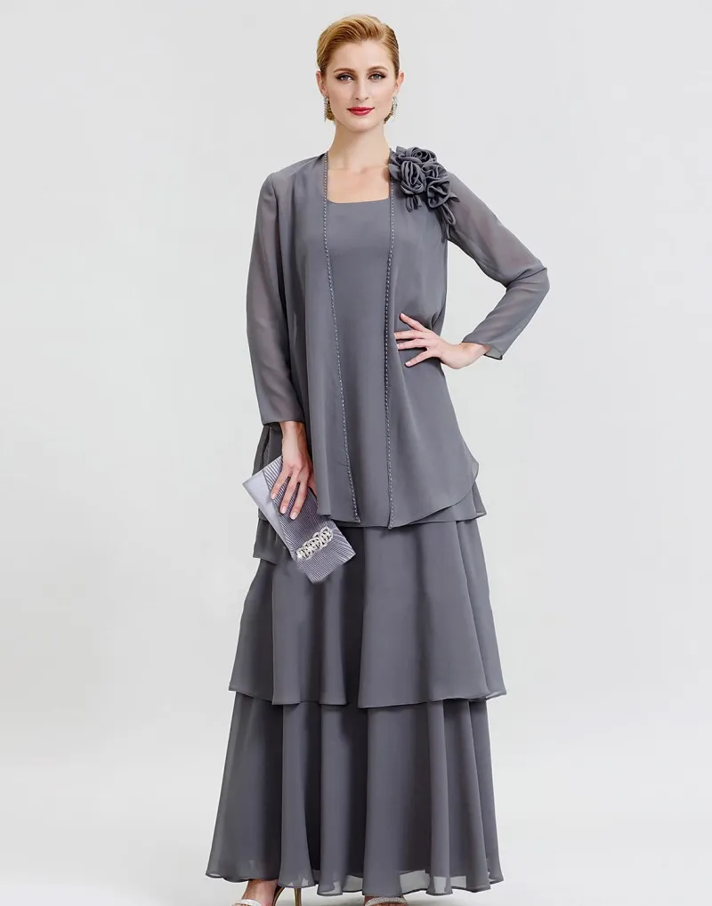 Grey Mother Of The Bride Dresses With Jacket Long Sleeve Chiffon Beaded Plus Size Mother's Gown For Wedding Tea Length Formal Dress Party