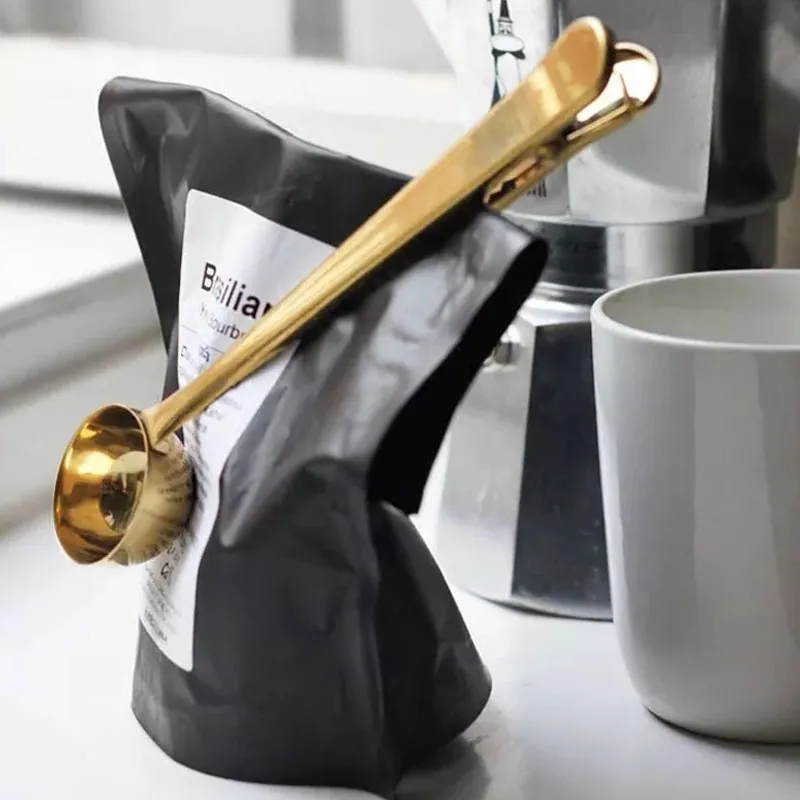 Goud Rvs Coffee Scoop Multi-functionele Tas Afdichting Clip Ground Coffee Lepel Drinkware Tools Gratis verzending