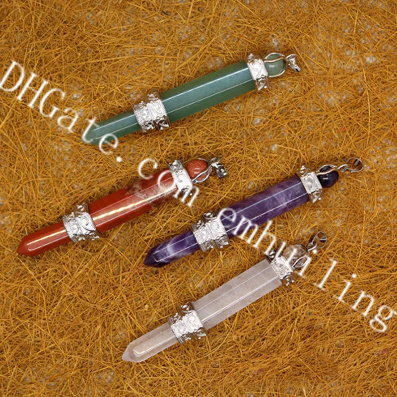 10Pcs New Design Large Green Aventurine Pendant Natural Red Jasper Amethyst Writing Brush Shape Amulet Talisman Clear Crystal Carved Pendant