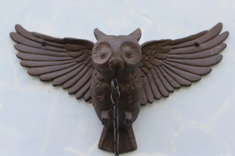 Large Cast Iron Owl Bell Home Decor Patio Garden Door Porch Cabin Lodge Welcome Dinnerbell Big Metal Animal Decoration Country Brown Wall Mount Antique