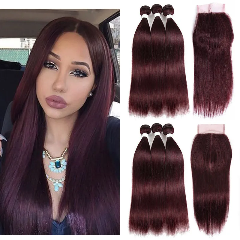 # 99J цветные человеческие пакеты волос с закрытием шелковистые прямые # 99J темное вино красный цвет бразильские волосы плетения волос предрасположенные волосы