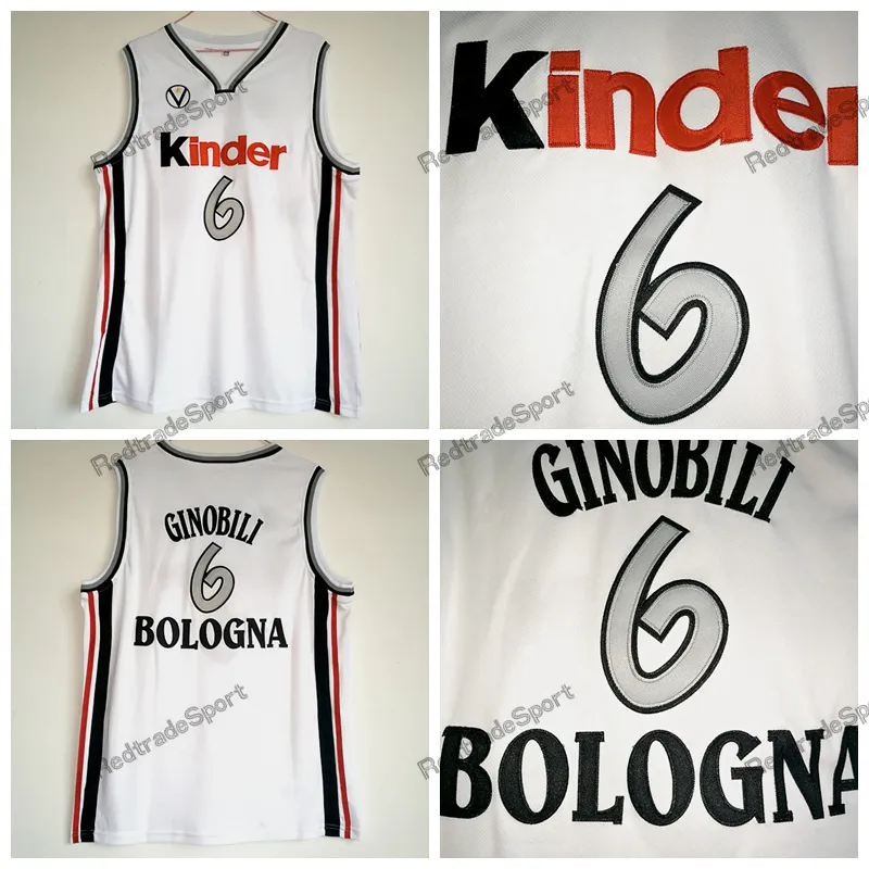 Mens Manu Ginobili Jersey #6 Virtus Kinder Bologna European Basketball Jerseys Stitched White Camiseta De Baloncesto Shirts S-XXL