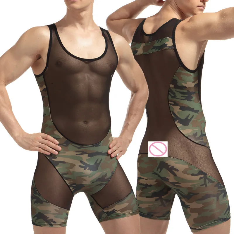 Mäns Sexiga Genomskinliga Mesh Fishnet Rompers Underkläder Brottning Singlet Jumpsuit Teddies Gay Underkläder One-Piece Bodysuits