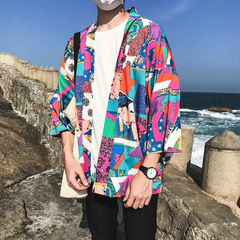 Giacca Kimono giapponese Uomo Cardigan stampato Giacche da uomo casual estive Hip Hop Streetwear Cappotti maschili a blocchi di colore Capispalla