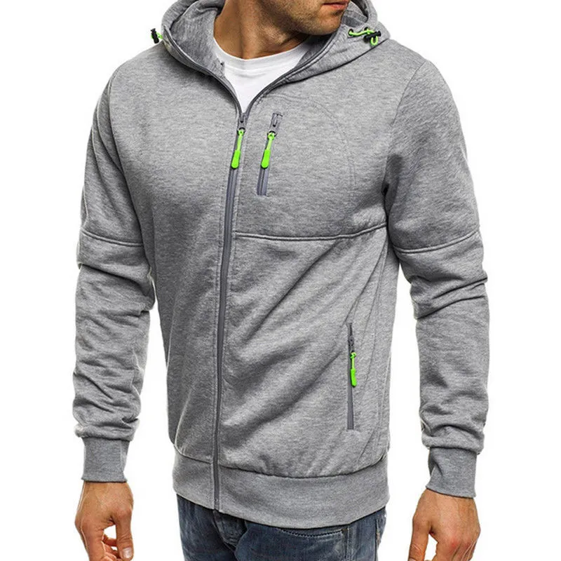 Mens Sporty Jacket Zip Up Hoodie Hoody Long Sleeve Zipper Solid Color Slim Sweatshirt Casual Gym Hooded Coats Tops