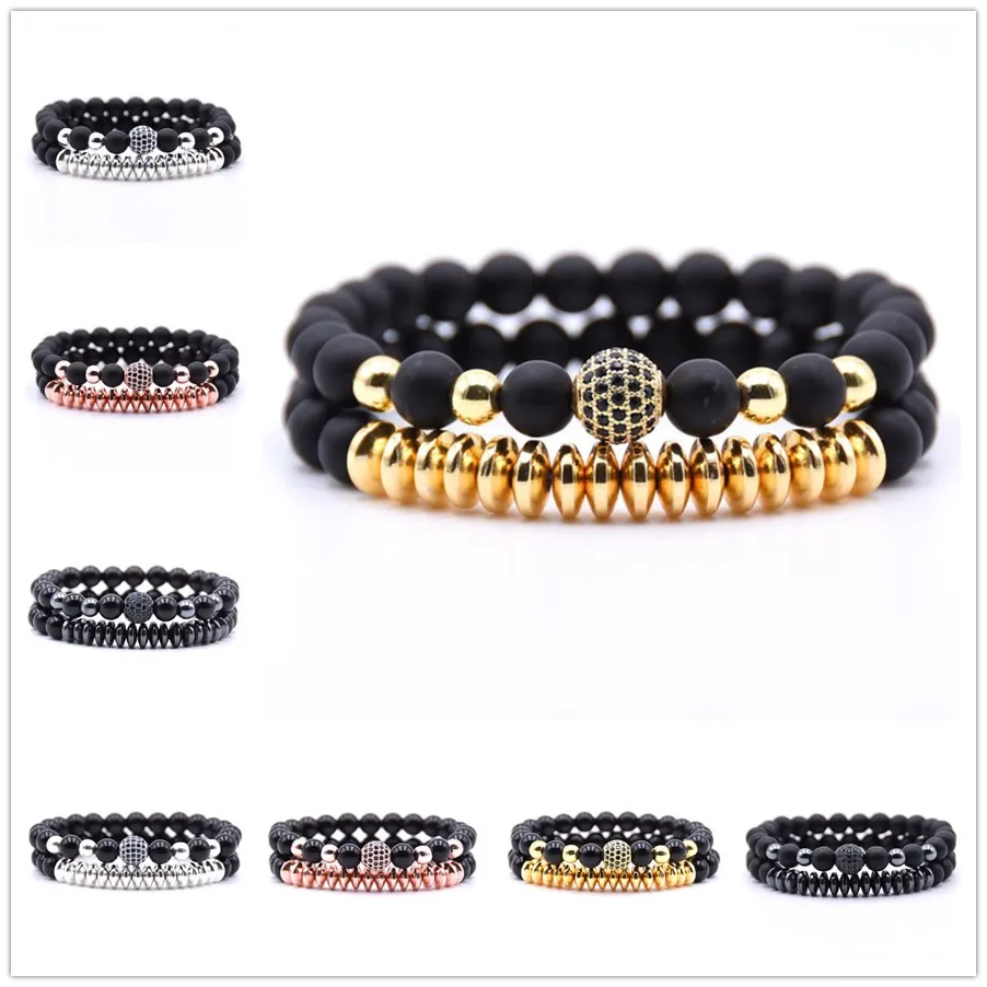 2Pcs/Set Micro Pave CZ Disco Ball 8MM Natural Stone Energy Bead Bracelets Bangles Women Classic Punk Gold Silver Men Bracelet