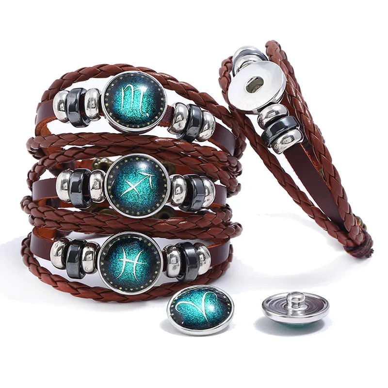 12 Constellation Snap Button Jewelry Hematite Stone Charms Genuine Cow Braided Leather Bracelet Zodiac Signs Punk Friendship Bracelets