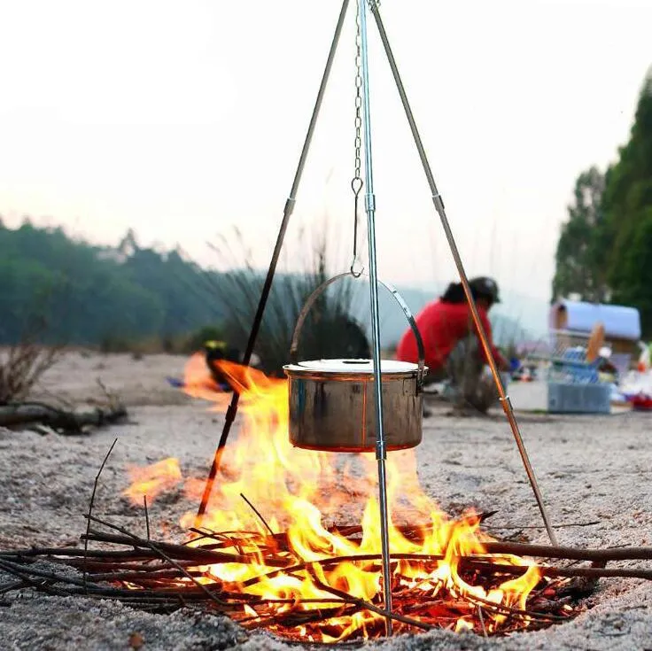 Piquenique de acampamento ao ar livre cozinhar tripé pote de suspensão durável portátil campfire piquenique cozinhar água ferver pote riser grelha de fogo pendurado tripé eos79