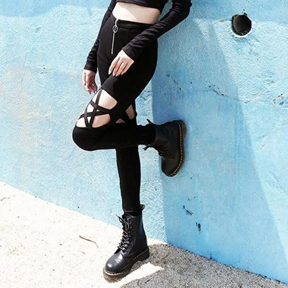 Gotik içi boş pentagram pantolon sıska düz serin seksi siyah tozluk kadın ince ince yüksek bel ön fermuarlı pantolon