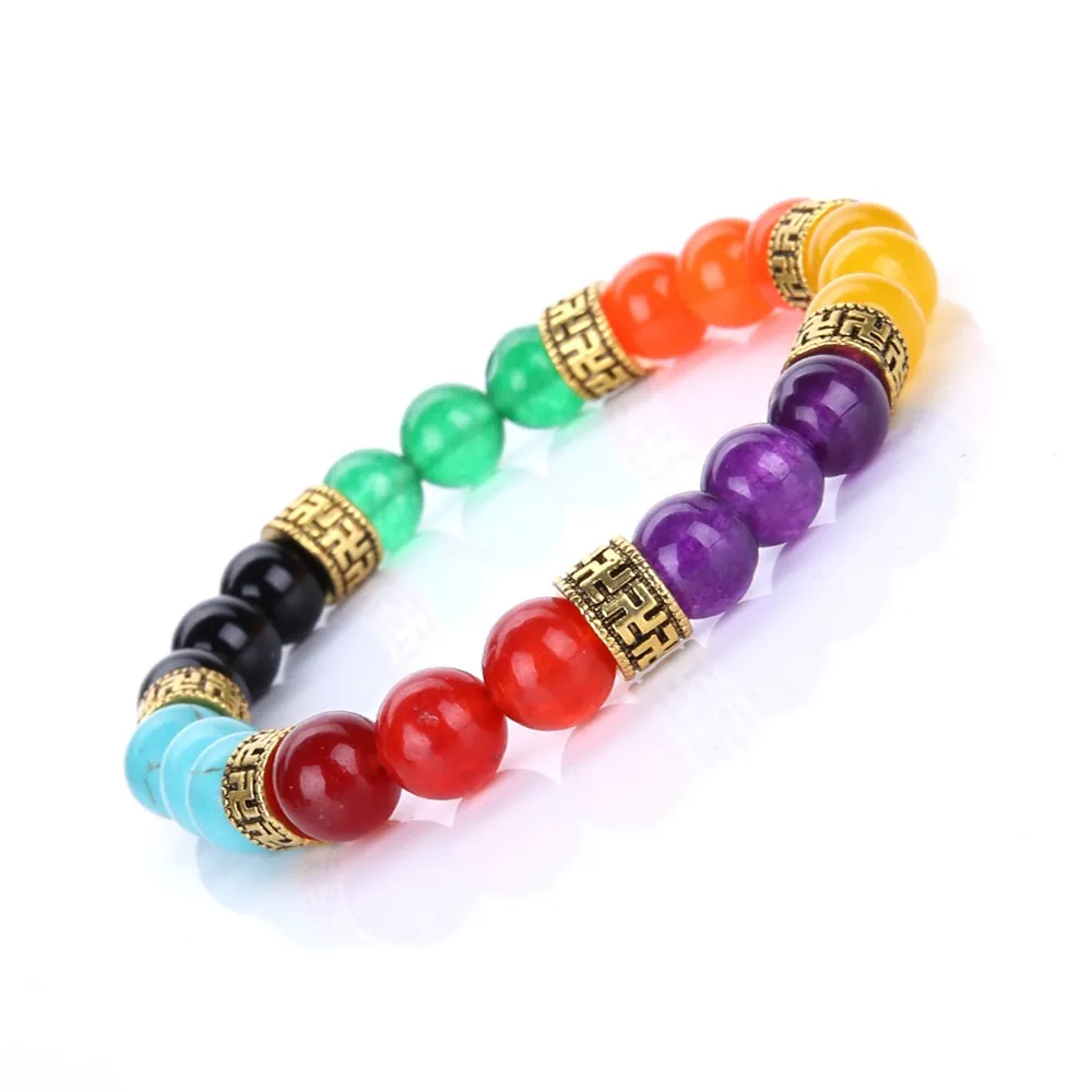 Pierre naturelle Sept Chakras Brin 8mm Violet Rouge Jaune Noir Coloré Arc-En-Perles Bracelet Bouddha Stretch Yoga Hommes Bijoux