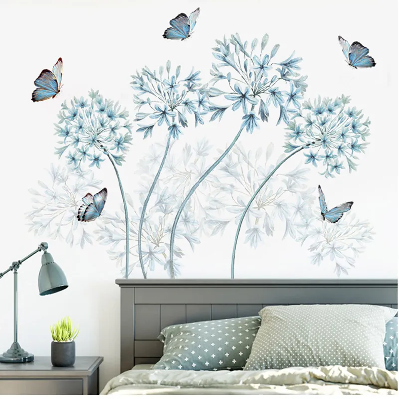 Fleurs Bleu Papillon Peint Poster Art Salon Chambre Cabinet