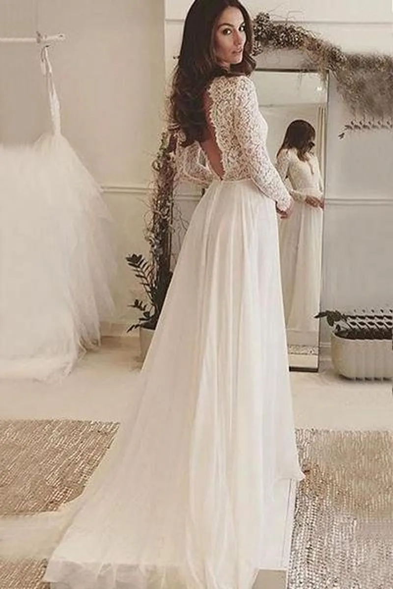 Elegante abito da sposa da spiaggia a maniche lunghe con scollo a V e applicazioni in pizzo senza schienale lungo abito da sposa Boho Vestido De Novia