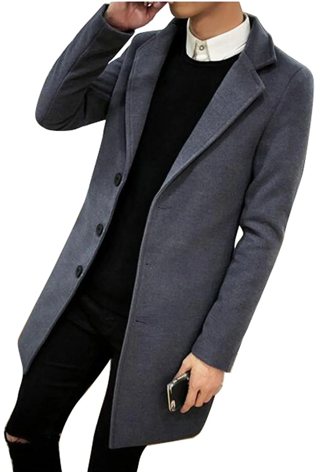 Mens Casual Single Breasted Slim Fit Wool Blended Pea Coat Long Winter Single Breasted Outerwear Mens