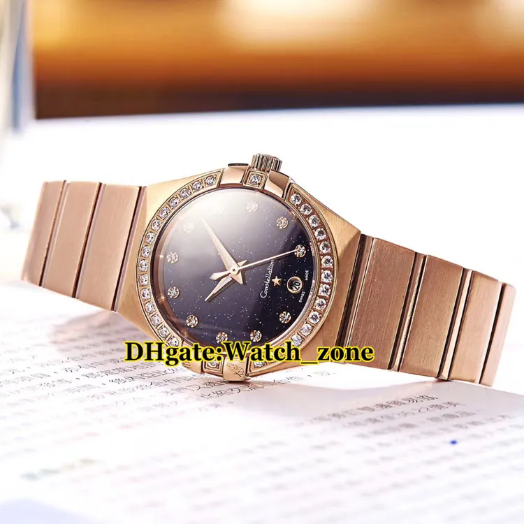 27mm Dream Blue Starry Sky Dial Swiss Quartz Womens Watch Diamond Bezel Two Tone Rose Gold Stainless Steel Band Fashion Lady Watch317W