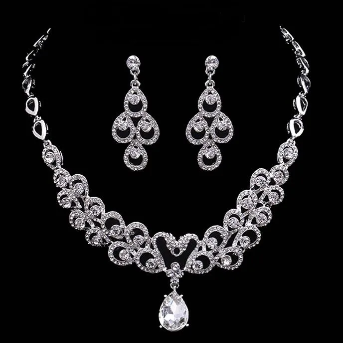 Simple New Wedding Jewelry Water Drop Crystal Collarbone Chain Necklace Set Bridal Jewelry Pearls Luxury Bracelets Necklace & Earings