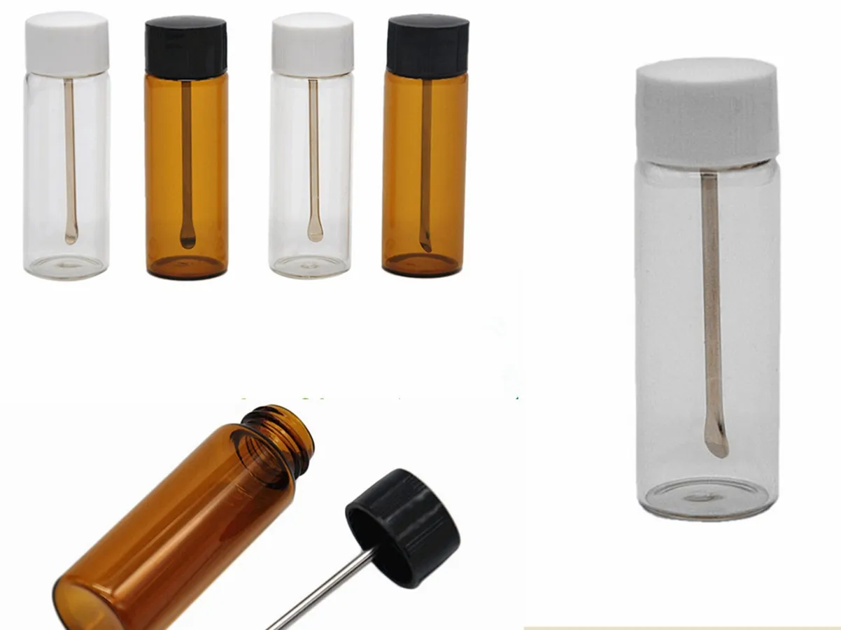 Clear Brown Glass Bottle Snuff Metal Vial Spoon Spice Bullet