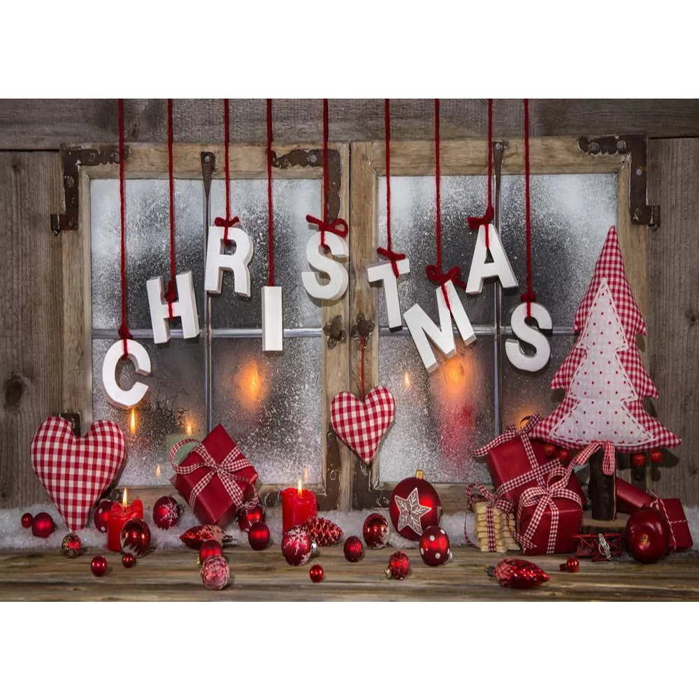 Finestra in legno Sfondo di buon Natale Stampato Palline rosse Regali Candele Cuori d'amore Decorazioni per alberi di pino Sfondi fotografici per bambini