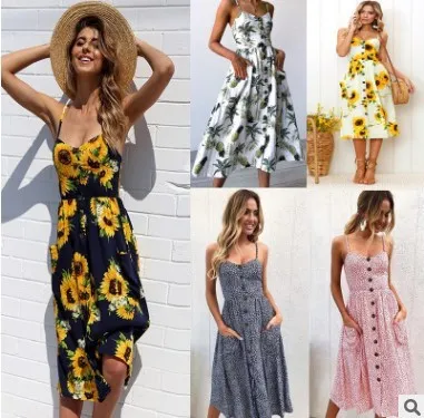 Nowy Summer Summer Beach Dresses Bohemian Drukuj Sexy Halter Bez Ramiączek Plaża Spódnica Dziewczyna Sukienka na wakacje Boho