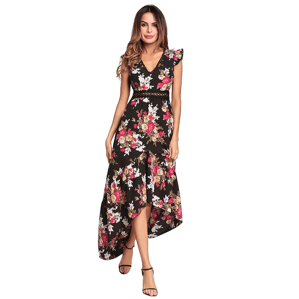 Abito da donna con stampa floreale in pizzo con scollo a barchetta Abiti sexy Split Backless Summer Party Boho Zipper Maxi Beach Vestidos 2018