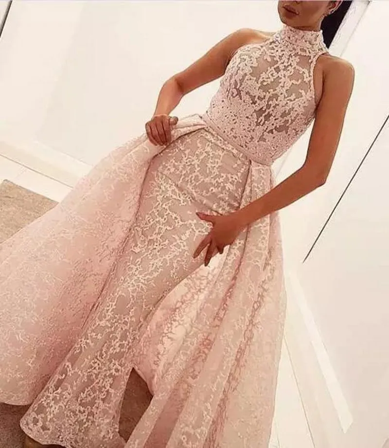 Seksowna wysoka szyja Syrenka Prom Dresses 2020 Design Rumieniec różowy koronki overskirt formalne suknie Vestidos de Fiesta