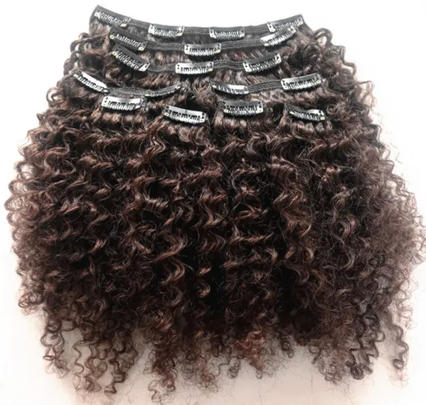 Nouvelle arrivée brésilienne vierge brun foncé cheveux trame clip dans crépus bouclés humains remy extensions de cheveux
