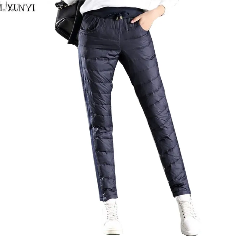 LXUNYI Winter Pants Women 2018 With Velvet Thick Warm Down Pants Woman Casual High Waisted Slim Big Size Women's Pencil Trousers